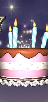 Purple background with lit birthday cake and candles.