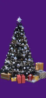 Black Christmas tree with gifts on purple background.