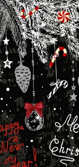 Black Christmas wallpaper with ornaments and candy canes.