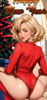 Blonde in red outfit with Christmas tree and gifts, New Year theme.