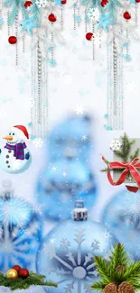 Festive Christmas wallpaper with snowman and blue ornaments.