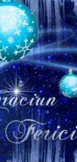 Blue Christmas wallpaper with ornaments and snowflakes.