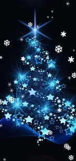 Glowing blue Christmas tree with stars on a dark background.