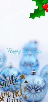 Festive phone wallpaper with blue ornaments and holiday text.