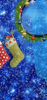 Festive wallpaper with stockings and wreath on a blue starry background.