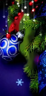 Blue ornament with pine and ribbon decoration wallpaper.