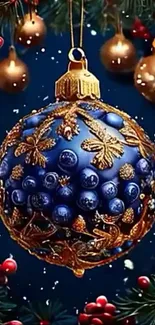 Blue holiday ornament with gold accents and festive details.