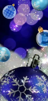 Blue festive ornaments with snowflake patterns and sparkling lights.