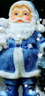 Festive wallpaper of blue Santa with snowflakes.