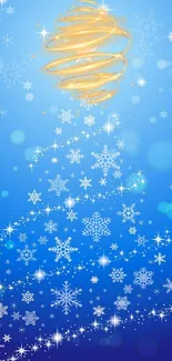 Blue festive wallpaper with snowflake tree and golden spiral.