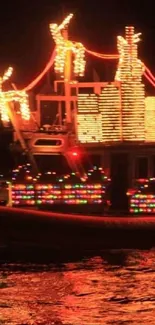 Colorful festive boat with lights reflected on water at night.