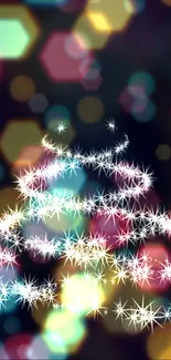 Festive bokeh Christmas tree with colorful lights and stars.