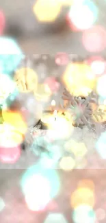 Festive Christmas wallpaper with bokeh lights and snowflakes.