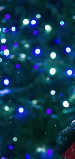 Festive bokeh lights in blue hues on a dark green background with holiday decor.