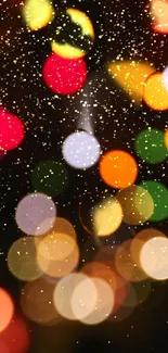 Festive bokeh lights with colorful circles and glittering patterns.