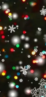 Festive phone wallpaper with bokeh lights and snowflakes.