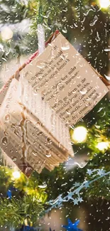 Christmas tree with books and lights creating a festive atmosphere.