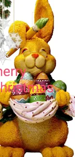 Yellow bunny with Christmas eggs in seasonal wallpaper.