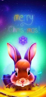 Festive bunny Christmas wallpaper with colorful background.