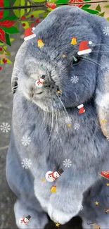 Cute grey bunny with festive Christmas decorations.