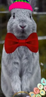 Gray bunny with colorful hat and red bow tie on Easter.