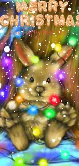 Festive rabbit with Christmas lights and holiday greetings.