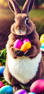 Easter bunny holding vibrant eggs in grass.