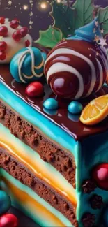Festive chocolate cake with colorful decorations.
