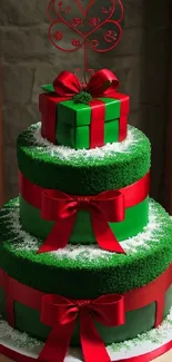 Festive cake decorated with red ribbons and a gift box for mobile wallpaper.