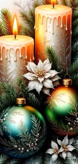 Festive candles with ornaments and greenery for holiday decor.