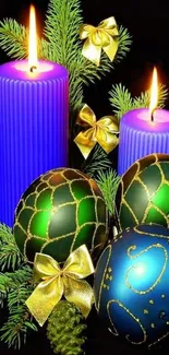 Festive wallpaper with candles and ornaments.