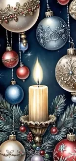 Candle surrounded by festive Christmas ornaments.