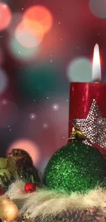 Festive bokeh wallpaper with a glowing candle and Christmas decorations.