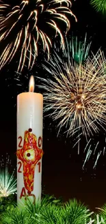 Glowing candle with fireworks in night sky.