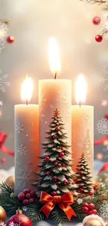 Festive Christmas candles with holiday decorations.