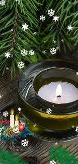 Festive candle with snowflakes and greenery wallpaper.