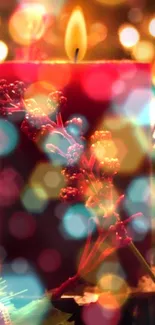 Red candle with bokeh lights and festive elements.