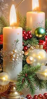 Festive candles and Christmas ornaments with greenery.