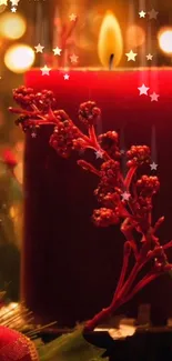 Red candle with holiday decor and glowing stars in warm light setting.