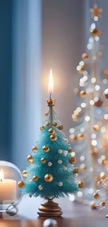 Miniature Christmas trees with candlelight on a cozy festive table.