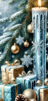Festive candle and ornament decorations on a snowy pine backdrop.