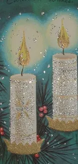 Glittering candles with pine background