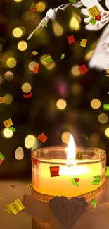 Festive candle wallpaper with bokeh and colorful confetti.