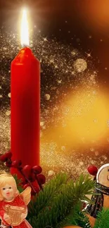 Red candle with festive Christmas decorations and sparkling lights.