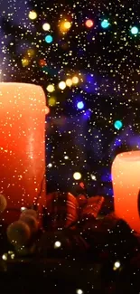 Festive candles with colorful bokeh lights and falling snowflakes.