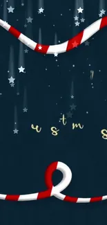 Festive wallpaper featuring candy canes, stars, and a dark blue background.