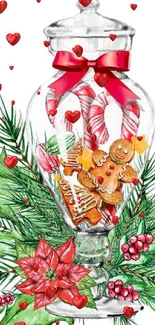 Festive mobile wallpaper with candy canes and gingerbread in a holiday jar.