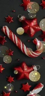 Festive wallpaper with candy canes and red stars.