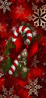 Festive candy cane with red bow on decorative background.