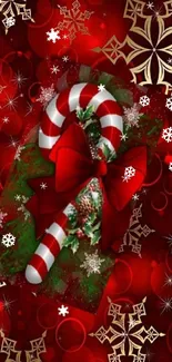 Red holiday wallpaper with candy cane and snowflakes.